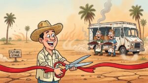Editorial cartoon: Frontera Fest Opens Right On Time As Empty Harlingen Lot With Scheduled Refund Hours