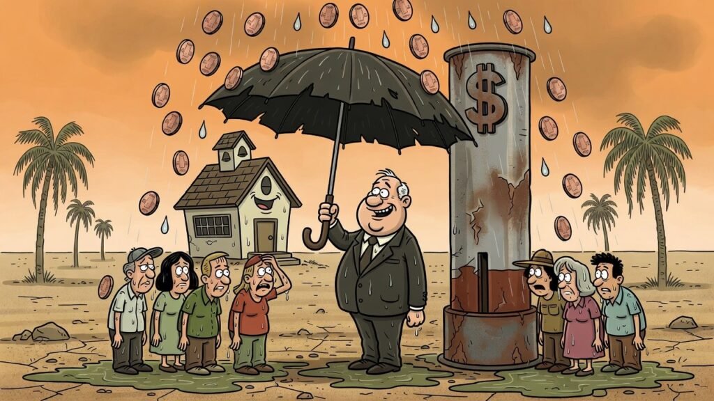 Editorial cartoon: Harlingen CISD Unveils Rain-Activated 'Disaster Penny' Tax That Charges Parents Per Drop