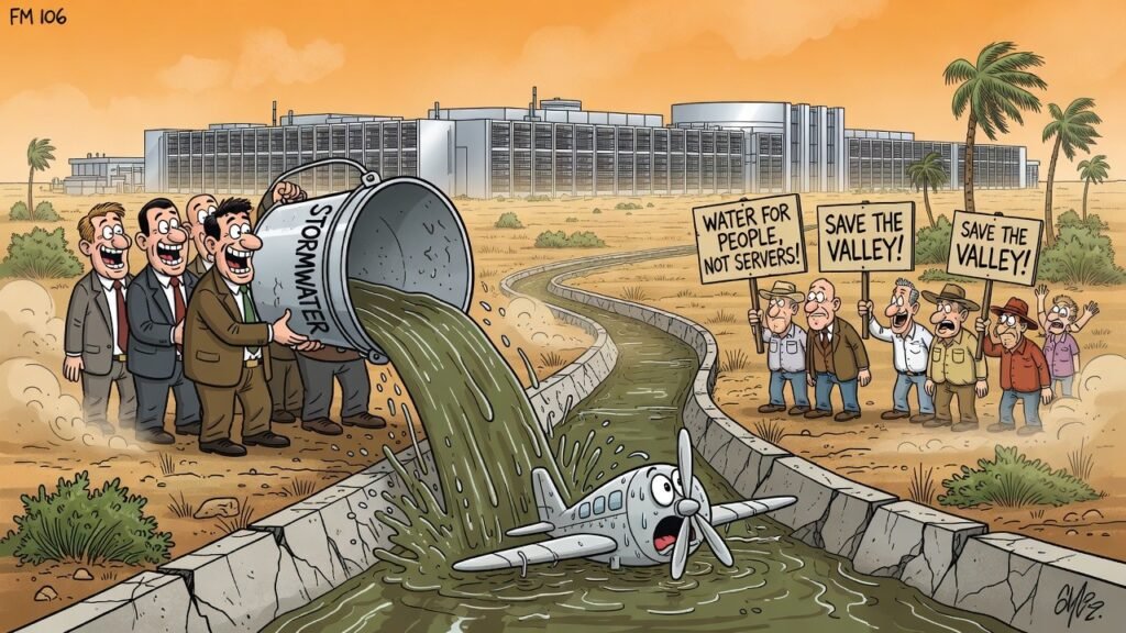 Editorial cartoon: Data Center Asks Harlingen For Permission to Rain Into Airport Canal