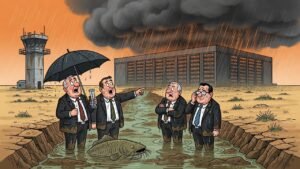 Editorial cartoon: Harlingen Asks Data Center to Please Explain Where All This Extra Rain Is Coming From