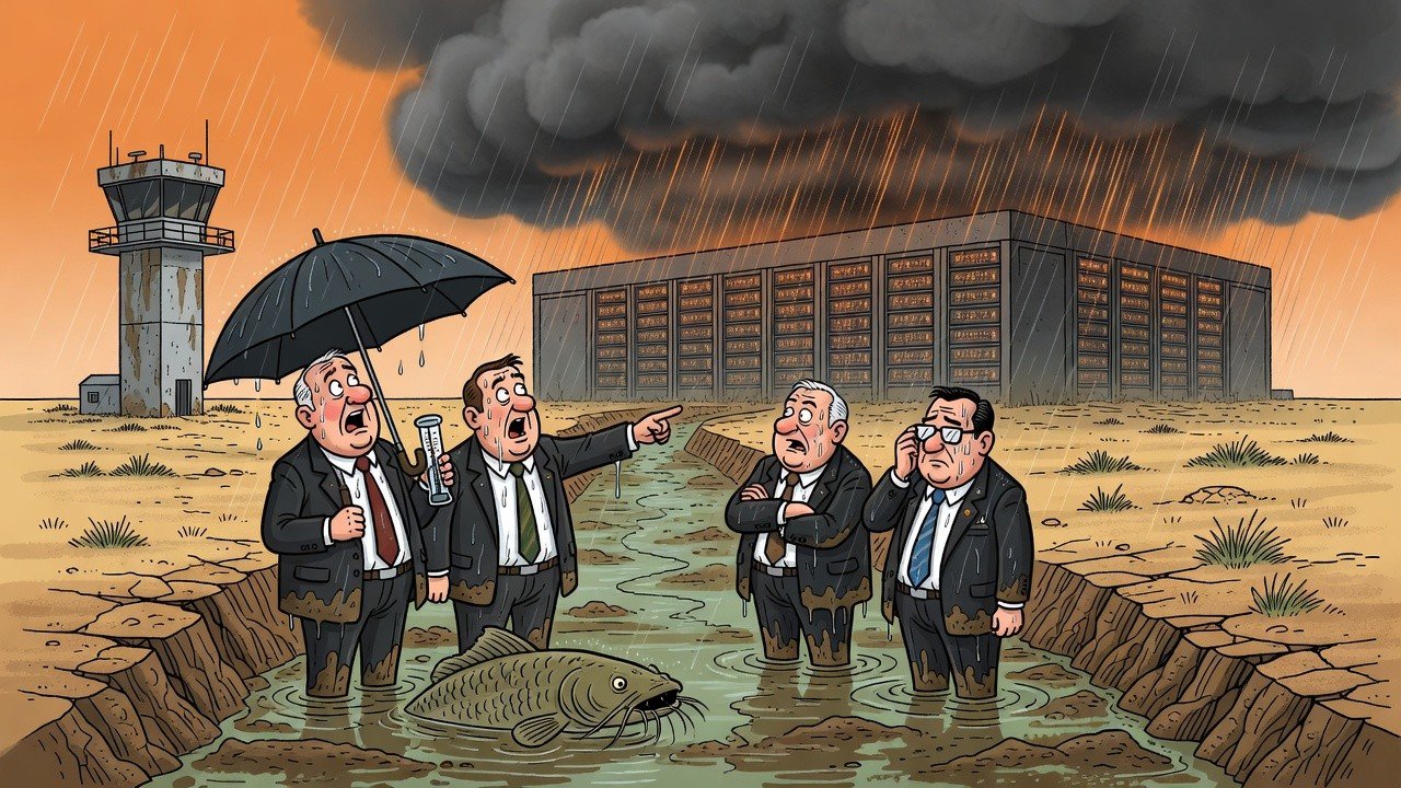 Editorial cartoon: Harlingen Asks Data Center to Please Explain Where All This Extra Rain Is Coming From