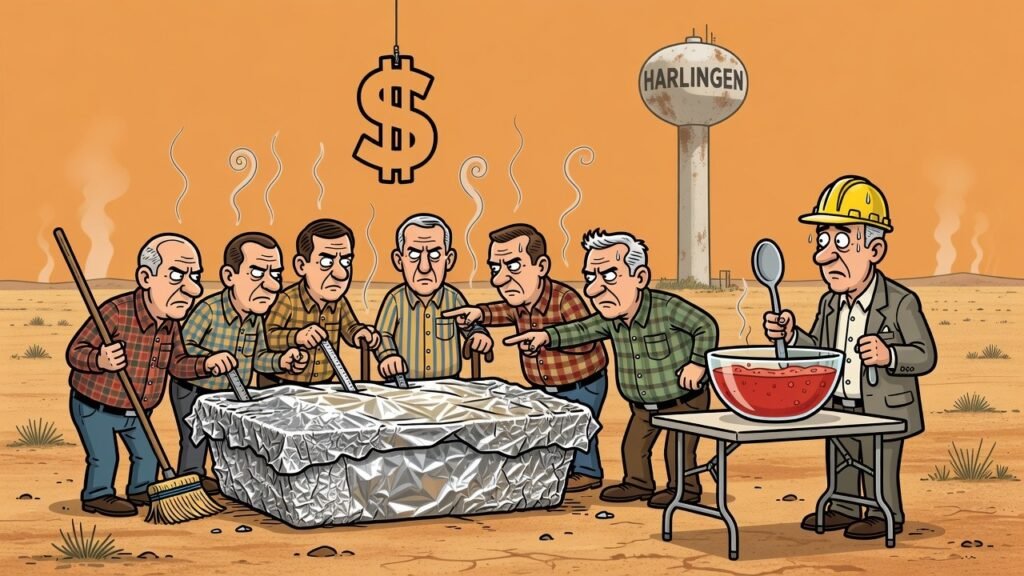 Editorial cartoon: Harlingen Refuses to Eat $27 Million Casserole Until Neighbor Explains What's In It