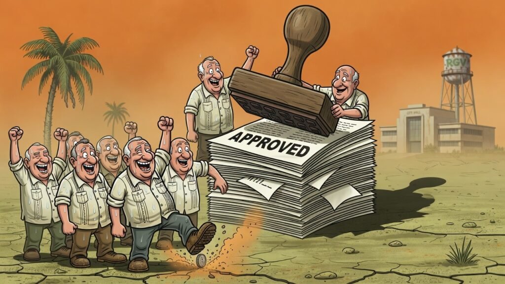 Editorial cartoon: Harlingen Commissioners Proudly Refund Half Cent, Approve $72 Million Budget They Describe As 'Probably Fine'