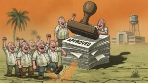 Editorial cartoon: Harlingen Commissioners Proudly Refund Half Cent, Approve $72 Million Budget They Describe As 'Probably Fine'