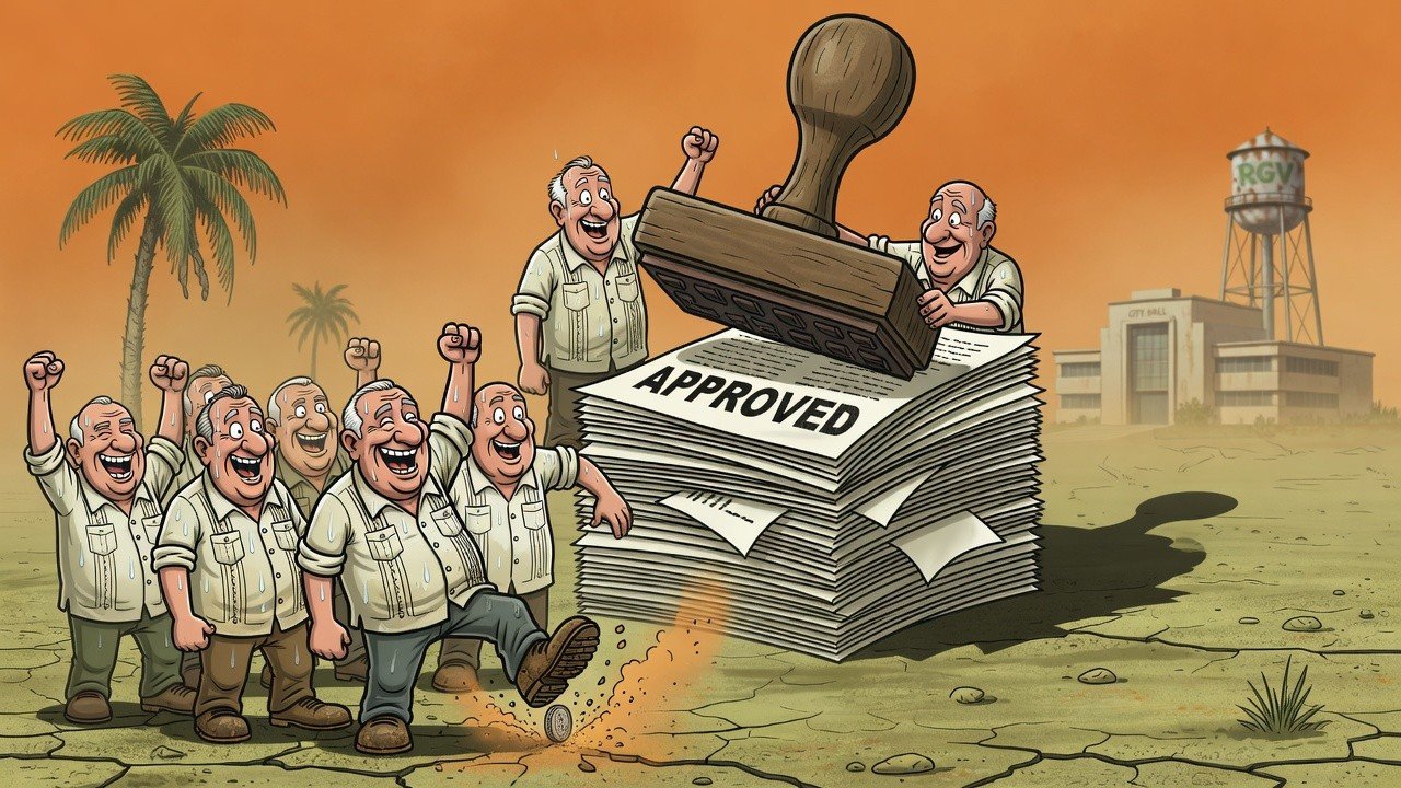 Editorial cartoon: Harlingen Commissioners Proudly Refund Half Cent, Approve $72 Million Budget They Describe As 'Probably Fine'