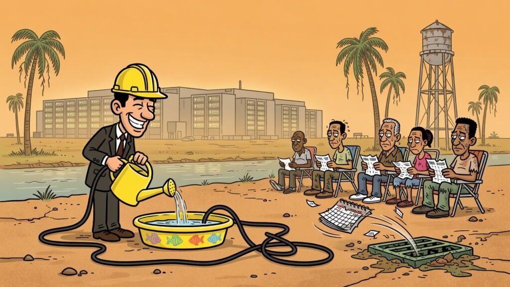 Editorial cartoon: Harlingen Residents Told Second Data Center Arriving in 2029, Water Study Wrapping Up Around 2047