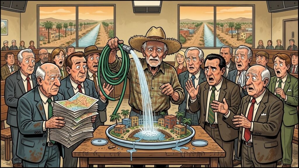 Editorial cartoon: Harlingen Tables Data Center Drainage Deal Until Residents Finish Explaining Rain