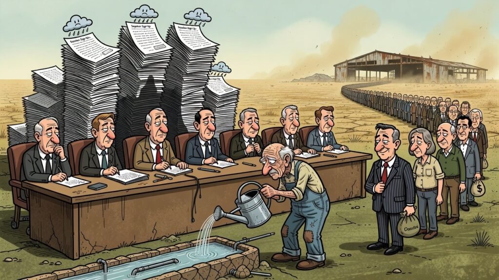 Editorial cartoon: Harlingen Tables Data Center Drainage Request Until Residents Finish Explaining Rain