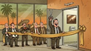 Editorial cartoon: McAllen Airport Declares Golden Age of Travel After Landing $2 Million, Mostly for Bathrooms