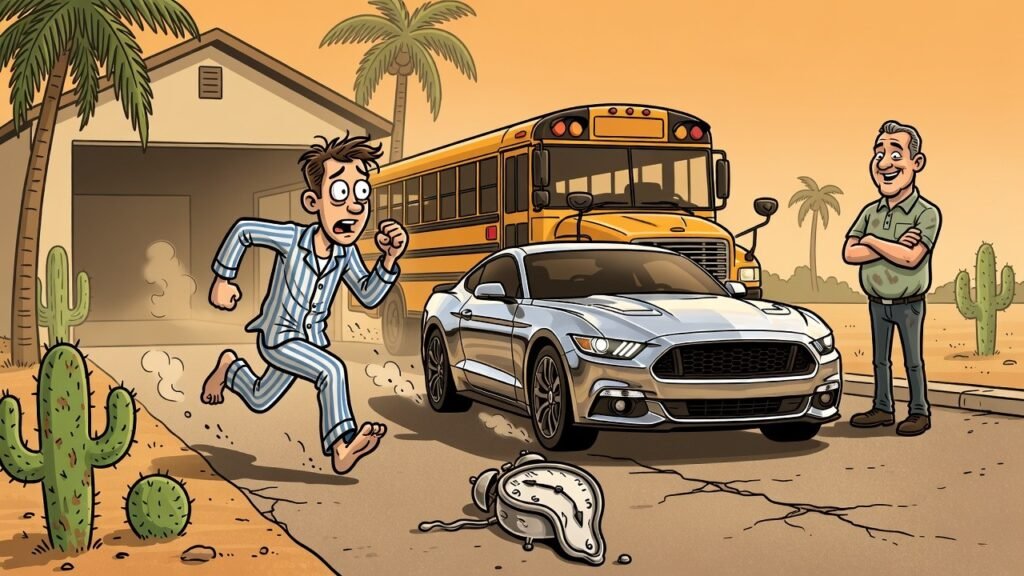 Editorial cartoon: McAllen ISD Offers 2027 Mustang Because Alarm Clocks Have Officially Lost