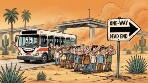 Editorial cartoon: McAllen's Smash-Hit Bus Route Delivers 100 Riders Daily to Bridge, Wishes Them Luck