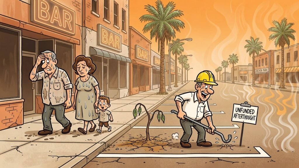 Editorial cartoon: McAllen Unveils Bold Plan to Remove Parking Now, Add Shade Sometime After the Final Draft, Maybe