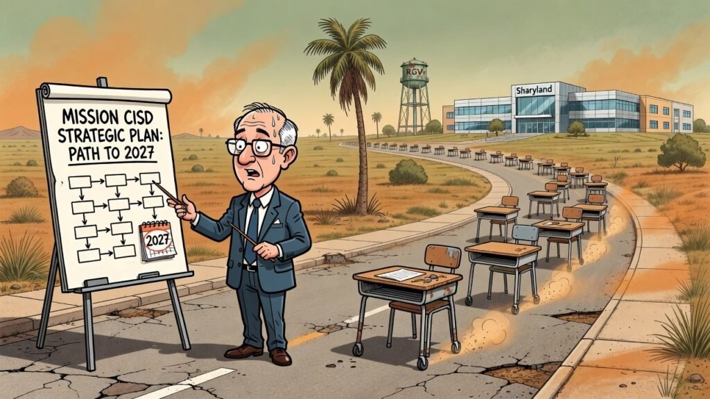 Editorial cartoon: Mission CISD to Rightsize Schools in 2027, Giving Desks Two More Years to Consider Leaving for Sharyland