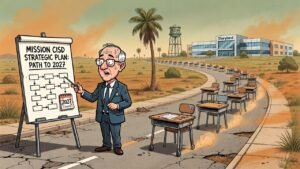 Editorial cartoon: Mission CISD to Rightsize Schools in 2027, Giving Desks Two More Years to Consider Leaving for Sharyland