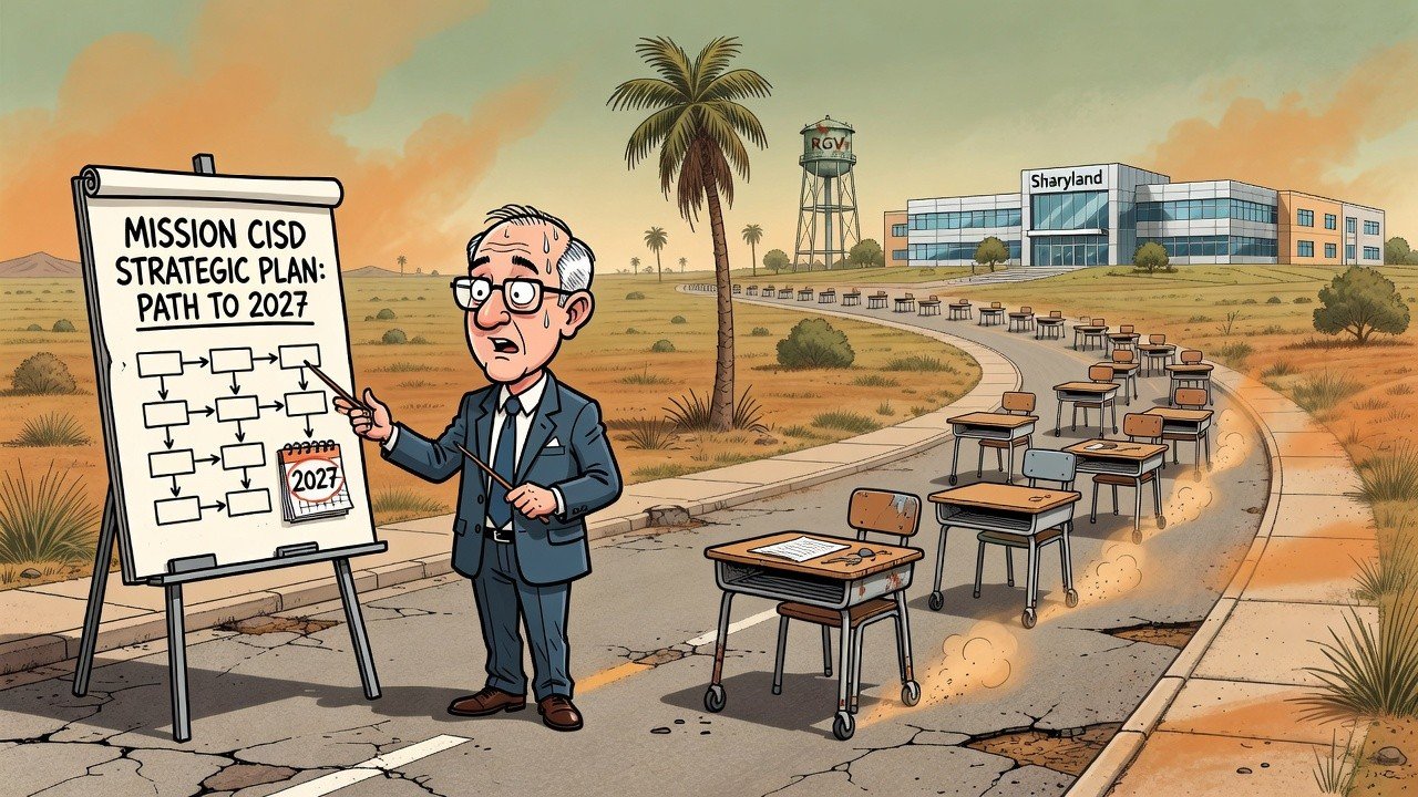 Editorial cartoon: Mission CISD to Rightsize Schools in 2027, Giving Desks Two More Years to Consider Leaving for Sharyland