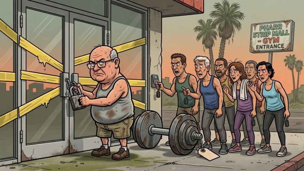 Editorial cartoon: Pharr Crunch Fitness Seized After State Completes the Ultimate Drop Set