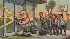 Editorial cartoon: Pharr Crunch Fitness Seized After State Completes the Ultimate Drop Set