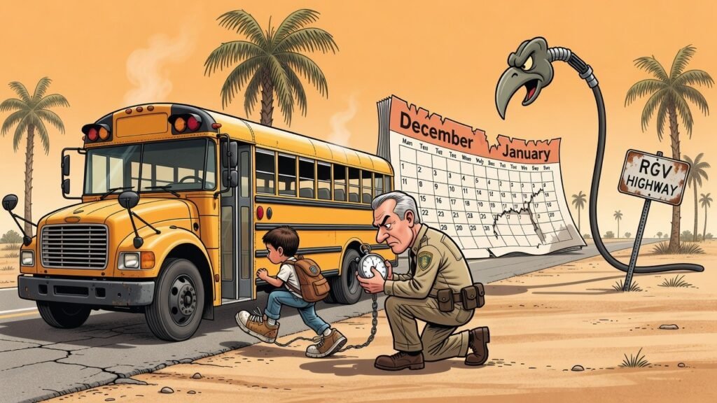 Editorial cartoon: Point Isabel ISD Bus Engines Will Not Start Until First Child's Shoe Touches the Step; District Asks Diesel to Hold On Until January