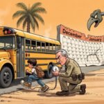 Editorial cartoon: Point Isabel ISD Bus Engines Will Not Start Until First Child's Shoe Touches the Step; District Asks Diesel to Hold On Until January