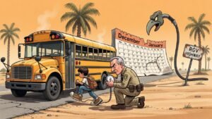 Editorial cartoon: Point Isabel ISD Bus Engines Will Not Start Until First Child's Shoe Touches the Step; District Asks Diesel to Hold On Until January