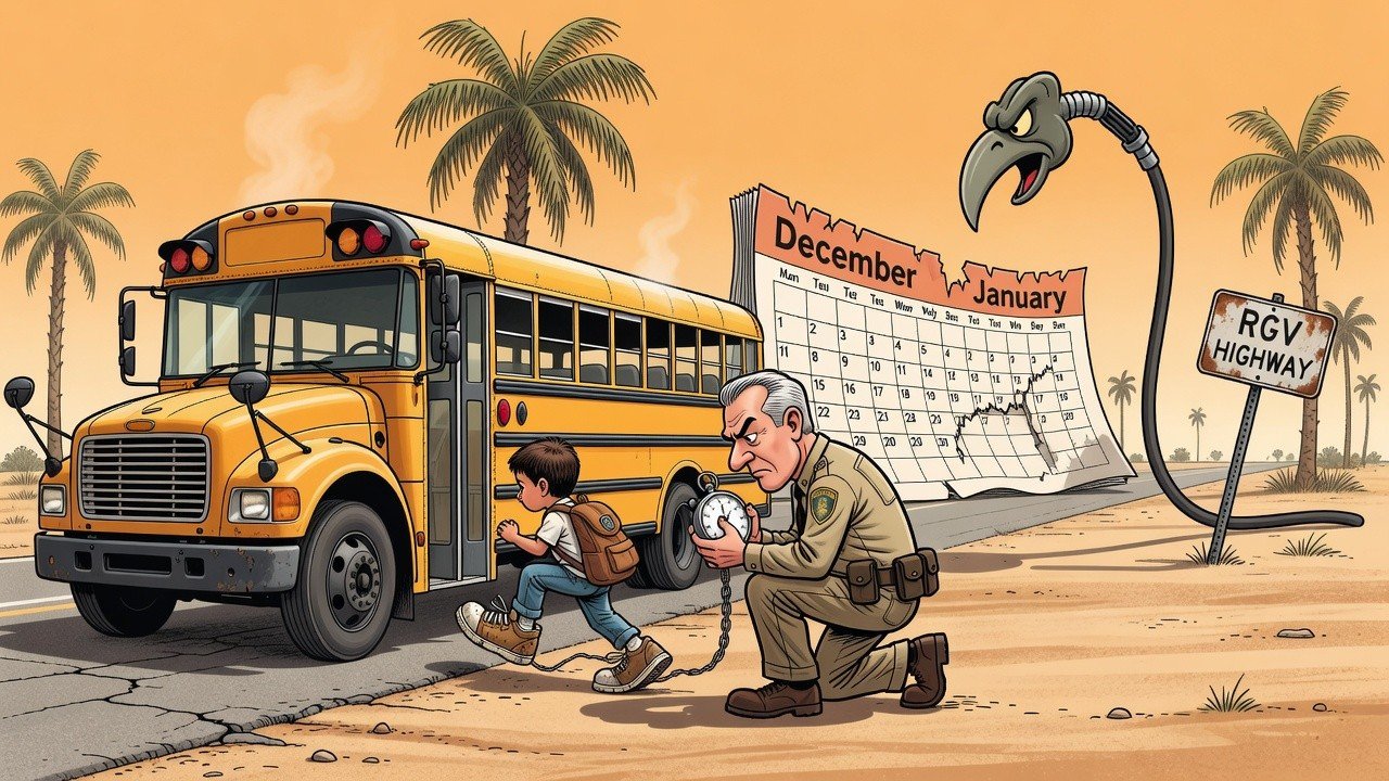 Editorial cartoon: Point Isabel ISD Bus Engines Will Not Start Until First Child's Shoe Touches the Step; District Asks Diesel to Hold On Until January