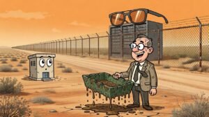 Editorial cartoon: Rio Hondo Learns of 1,800-Acre AI Campus From the Fence That Got There First