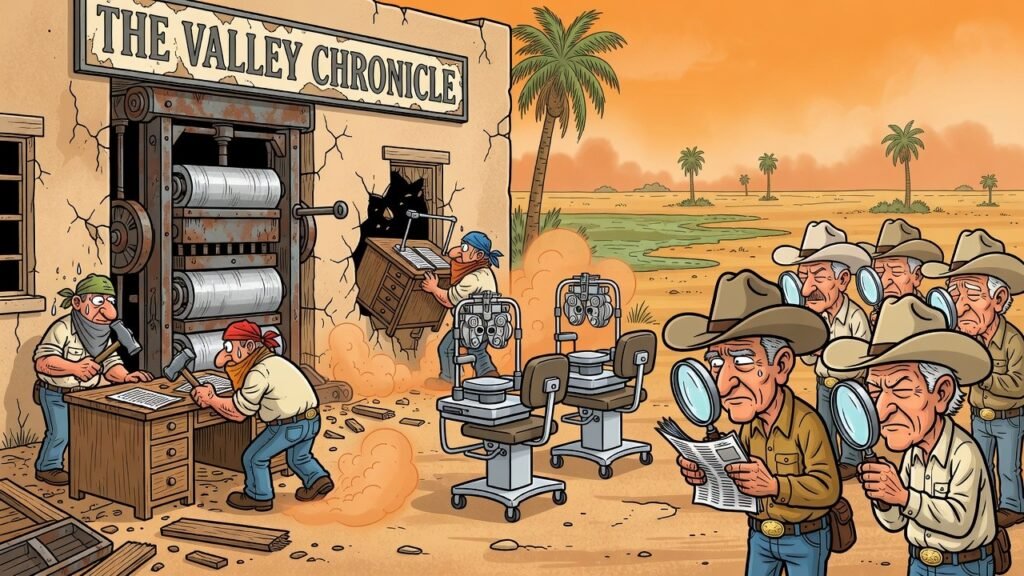 Editorial cartoon: UTRGV Turns The Monitor Newsroom Into an Eye School So the Valley Can Finally Read the Fine Print