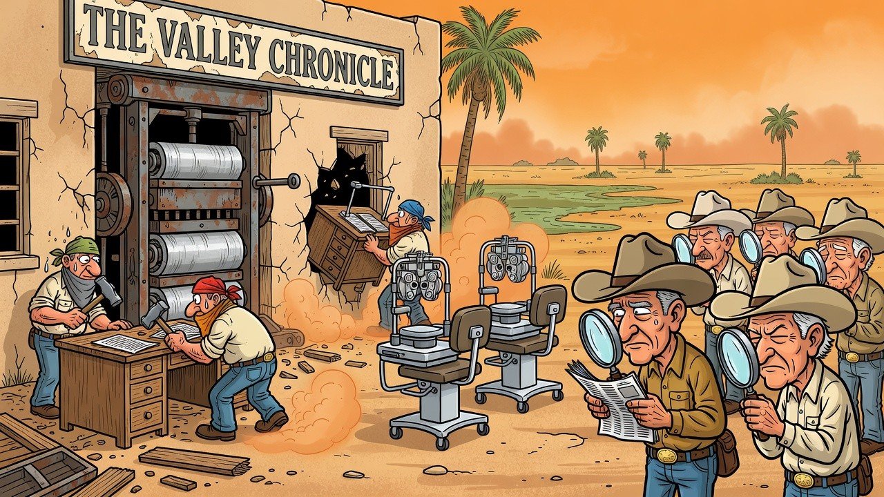 Editorial cartoon: UTRGV Turns The Monitor Newsroom Into an Eye School So the Valley Can Finally Read the Fine Print