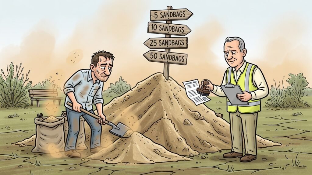 Editorial cartoon: Valley Cities Generously Offer Sandbags, Provided You Bring Shovel, Utility Bill, and Own Arms