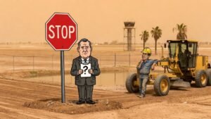 Editorial cartoon: Valley Data Center Gets Permission to Move Dirt, Austin Freezes Permission for Dirt to Become Anything
