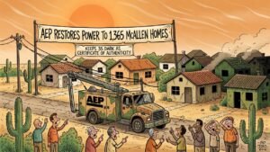 Editorial cartoon: AEP Restores Power to 1,365 McAllen Homes, Keeps 35 Dark as Certificate of Authenticity