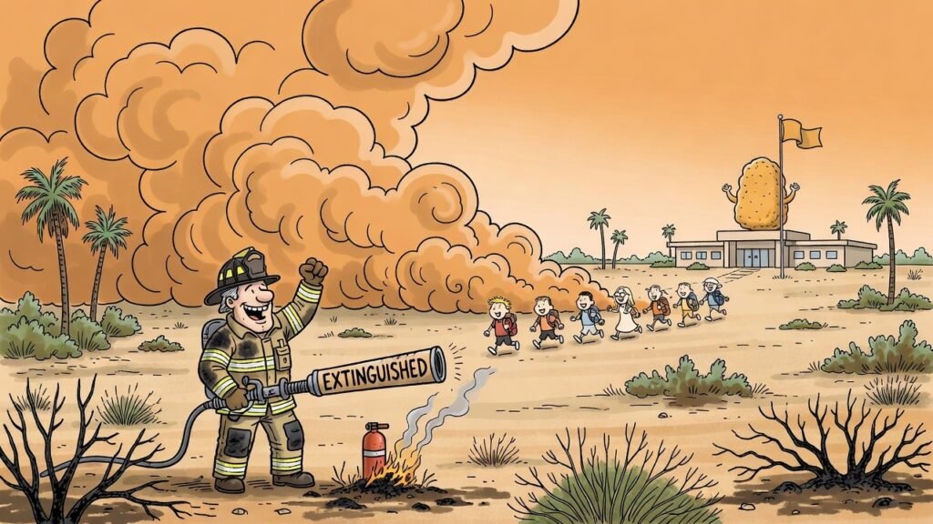 Editorial cartoon: Brownsville Fire Department Puts Out Brush Fire So Well the Elementary School Has to Leave