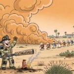 Editorial cartoon: Brownsville Fire Department Puts Out Brush Fire So Well the Elementary School Has to Leave