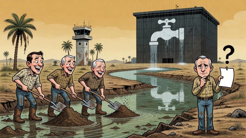 Editorial cartoon: Cameron County Approves $7 Million Canal for Mysterious Rain Entity Known Only as 'Fluidstack'