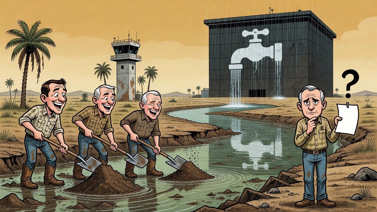 Editorial cartoon: Cameron County Approves $7 Million Canal for Mysterious Rain Entity Known Only as 'Fluidstack'