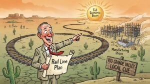 Editorial cartoon: Edinburg House Candidate Unveils Rail Line That Achieves Full Economic Boom Before Manufacturing Phase
