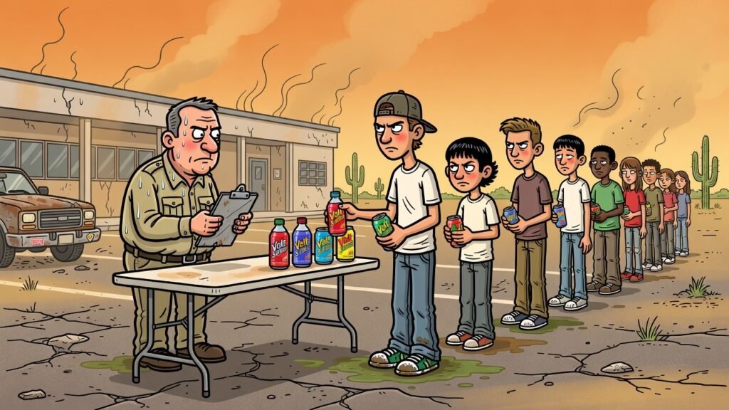 Editorial cartoon: Edinburg CISD Confiscates Energy Drinks, Returns Them at Dismissal Like Contraband Parole