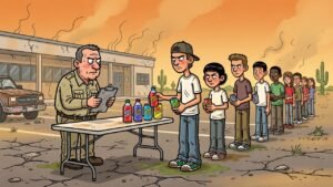 Editorial cartoon: Edinburg CISD Confiscates Energy Drinks, Returns Them at Dismissal Like Contraband Parole