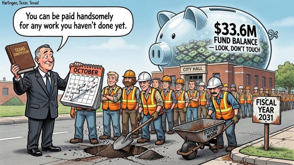 Editorial cartoon: Harlingen Officials Confirm 5% Raise Fully Legal As Long As No One Has Done the Work Yet