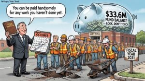 Editorial cartoon: Harlingen Officials Confirm 5% Raise Fully Legal As Long As No One Has Done the Work Yet