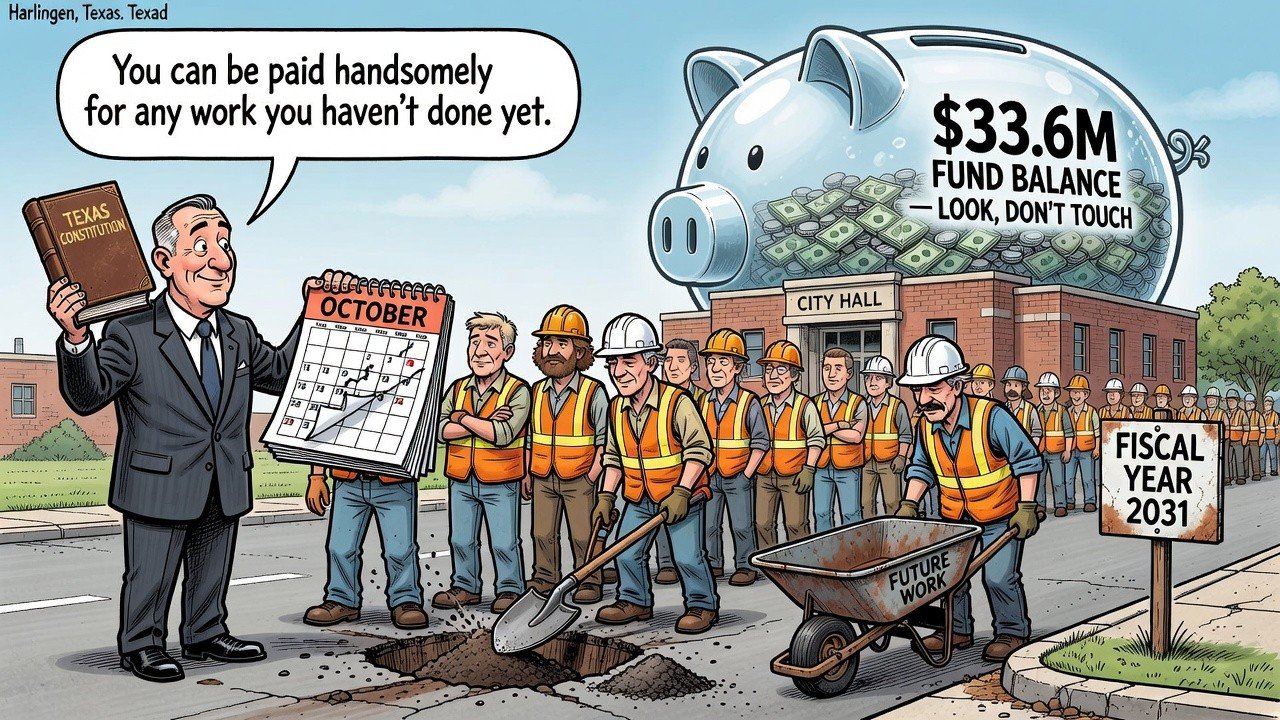 Editorial cartoon: Harlingen Officials Confirm 5% Raise Fully Legal As Long As No One Has Done the Work Yet