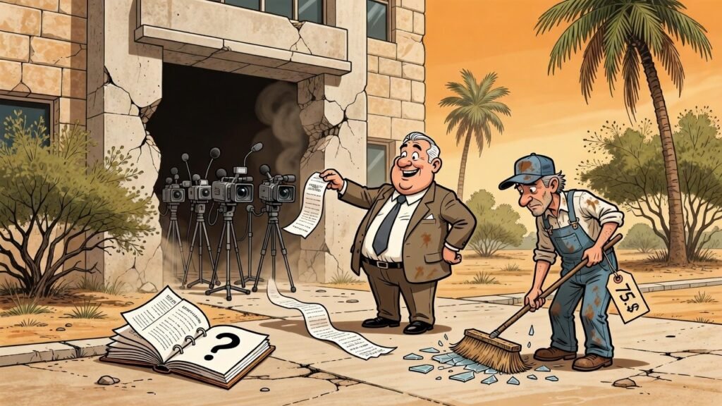 Editorial cartoon: Hidalgo County Releases Itemized $72,743.36 Invoice for Broom, Tape, and Shrugging; Door Remains Priceless