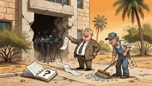 Editorial cartoon: Hidalgo County Releases Itemized $72,743.36 Invoice for Broom, Tape, and Shrugging; Door Remains Priceless