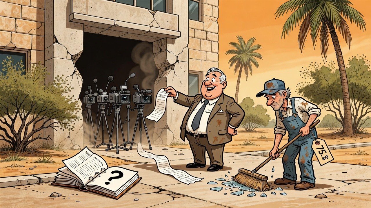 Editorial cartoon: Hidalgo County Releases Itemized $72,743.36 Invoice for Broom, Tape, and Shrugging; Door Remains Priceless