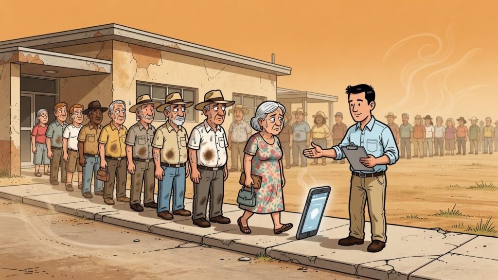 Editorial cartoon: Line Check Politely Asks McAllen Voting Line to Step Aside So It Can See How Long the Line Is
