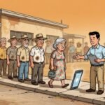 Editorial cartoon: Line Check Politely Asks McAllen Voting Line to Step Aside So It Can See How Long the Line Is