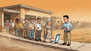 Editorial cartoon: Line Check Politely Asks McAllen Voting Line to Step Aside So It Can See How Long the Line Is