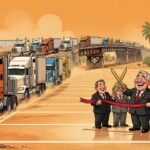Editorial cartoon: Los Indios Bridge So Successful at Moving Trucks That County Spends $9.2 Million Giving Them Somewhere to Stop Moving