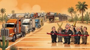Editorial cartoon: Los Indios Bridge So Successful at Moving Trucks That County Spends $9.2 Million Giving Them Somewhere to Stop Moving
