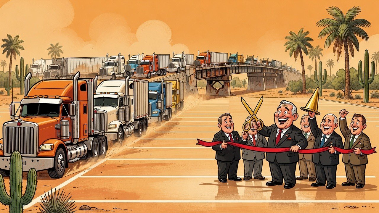 Editorial cartoon: Los Indios Bridge So Successful at Moving Trucks That County Spends $9.2 Million Giving Them Somewhere to Stop Moving
